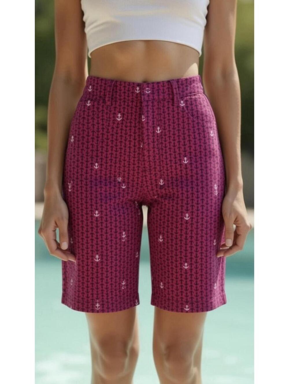 TALBOTS WOMENS PERFECT SHORTS BERMUDA LENGTH IN PINK ANCHOR PRINT-SIZE 8